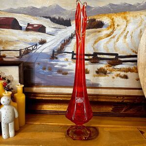 Vintage MCM Viking Glass 15" Orange Persimmon Swung Vase in Epic Column w/Sticke